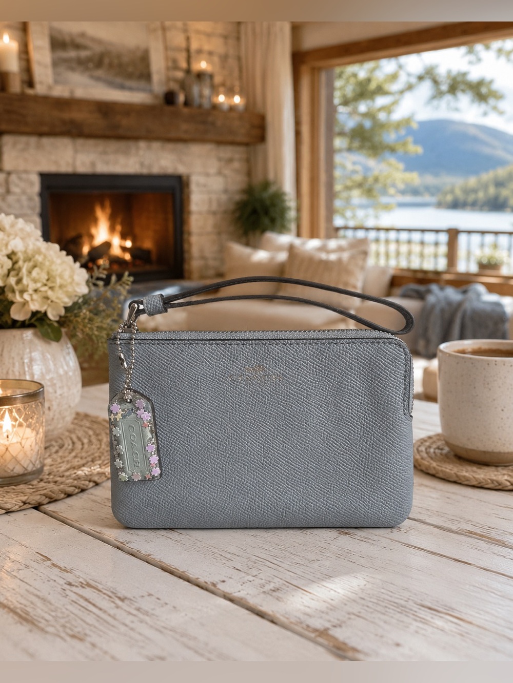 Coach Pebbled Leather Wristlet Pouch in Blue Grey
